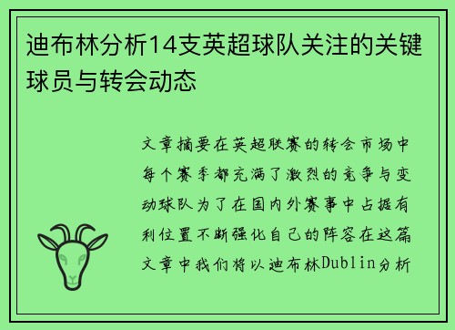 迪布林分析14支英超球队关注的关键球员与转会动态