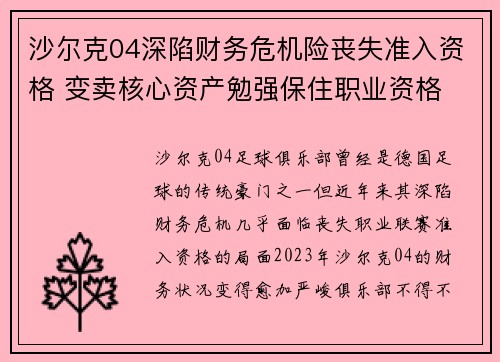 沙尔克04深陷财务危机险丧失准入资格 变卖核心资产勉强保住职业资格